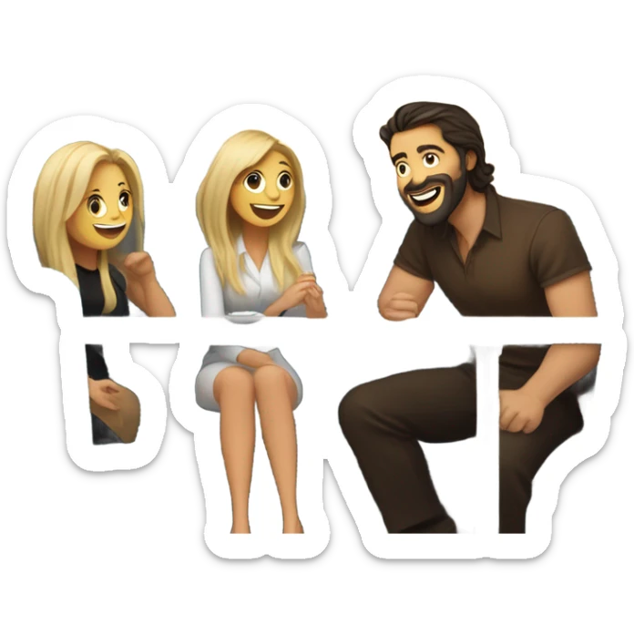 A woman with long dark hair and a woman with long blond hair, a bearded man with long dark hair and a man with short blond hair and sunglasses sitting in a booth on a train laughing . They are all white sticker
