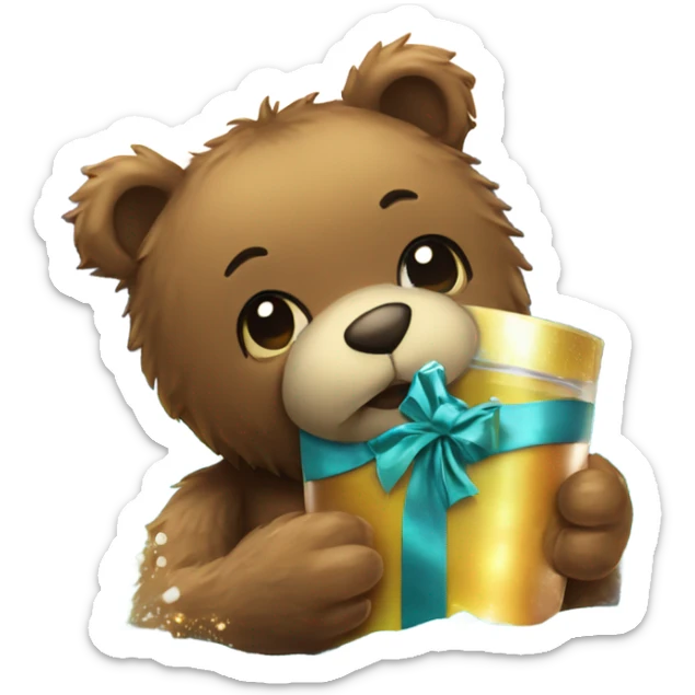 gruff teddy bear holding a gift that sparkles and a shot glass of liquor in the ocean sticker
