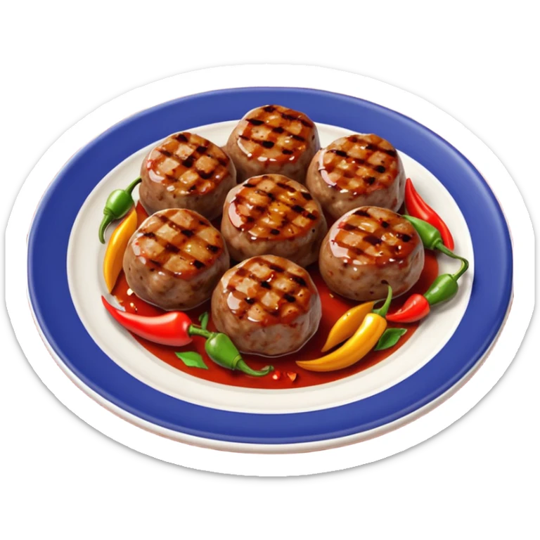 Akçaabat meatballs object icon, grilled Turkish kofte pieces on a plate, smoky char marks, juicy texture, served with grilled peppers and tomatoes, 3D cartoon, mobile game icon style, centered, clean background, no text, no watermark
 sticker