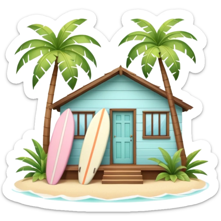 Hawaiian bungalow house, pastel colors, wooden porch, surfboard leaning on wall, palm leaves, tropical vibe, cute mobile game icon style, 3D cartoon, clean background, no text
 sticker