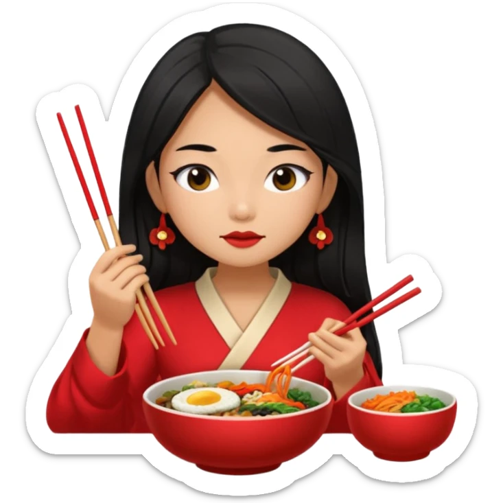 Girl with black long hair with red dress eat bibimbap close eyes chopstick sticker