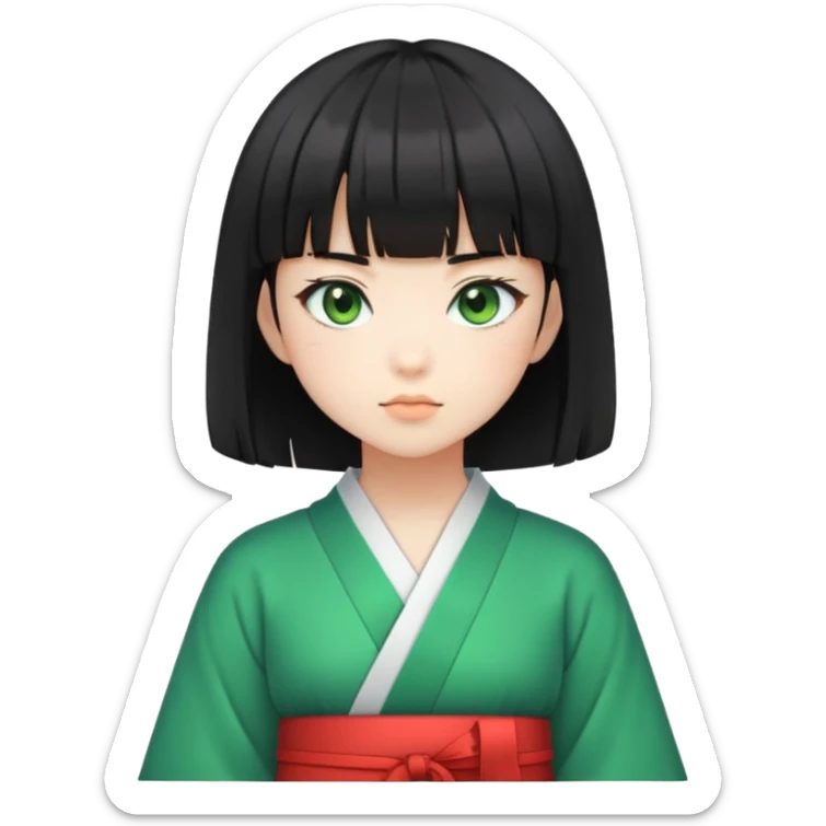 Japanese girl with short black hair and bangs, wearing a Jirai Kei outfit, green eyes sticker