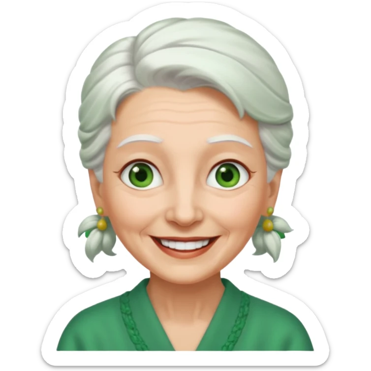 abuela con ojos verdes, pelo blanco, pelo blanco y amarrado, aspecto feliz, pelo blanco, no verde, solo verde los ojos sticker