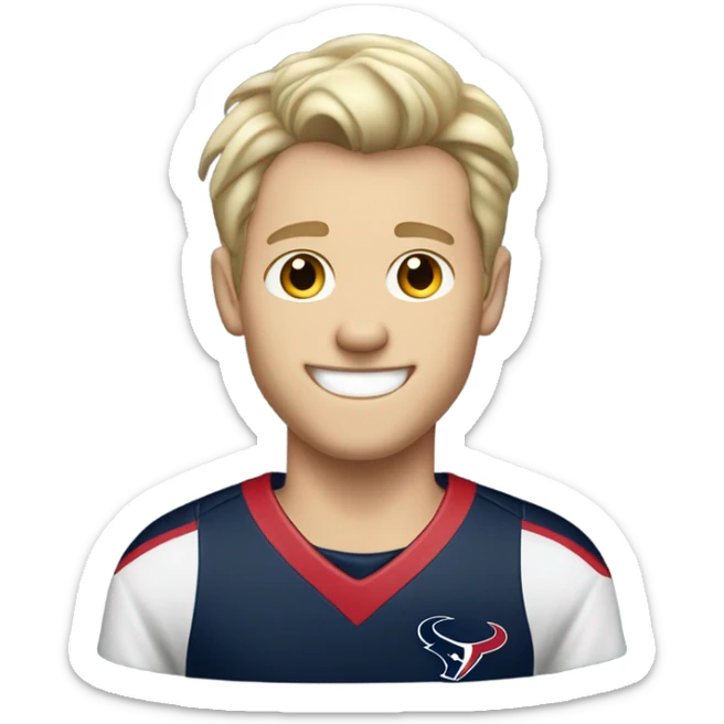 Skinny Caucasian male blonde combed over hair smiling wearing a Houston Texans polo sticker
