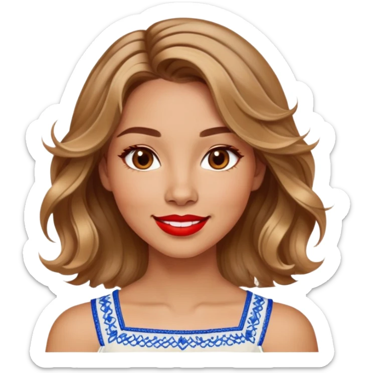 Enthusiastic woman with healthy glowing skin, round cheeks, warm smile, expressive light brown eyes, red lipstick, wavy dark blonde shoulder-length hair with highlights, summery white top with blue embroidery and electric blue neckline sticker