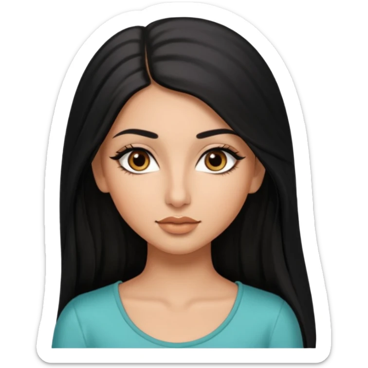 A arabic girl, who has long black styled silk hair, a bit of tan skin but not too tan. almond brown eyes that has black long lashes, small nose and full lips. and a bit of makeup like bronzer. and wearing a white tight top sticker