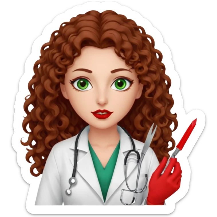 Lilith scalpel sexy evil woman. She has green eyes.  had brown long curly hair.  evil surgeon kills holding scalpel.  wears sexy doctor coat with red gloves. Covers nose, neck  and mouth with Muslim red berka sticker