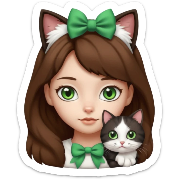 A black and white cat with green eyes she’s a girl she has a bow on her head she’s kinda fluffy  sticker
