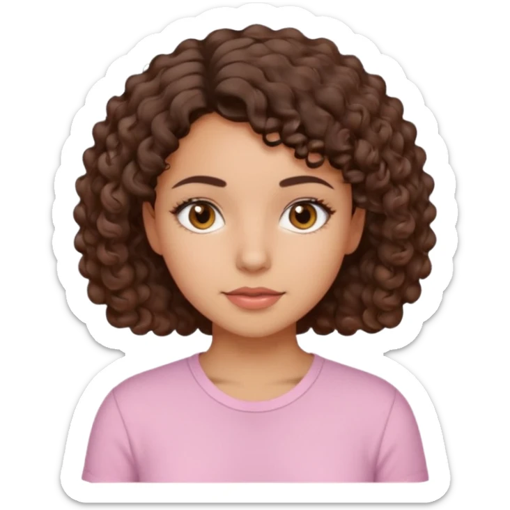 A Latina girl with brown eyes and short curly hair with a light pink shirt sticker
