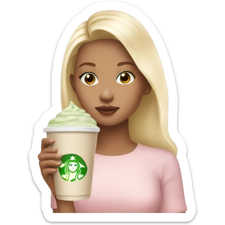 Blonde girl with a pastel pink top drinking iced matcha latte  sticker
