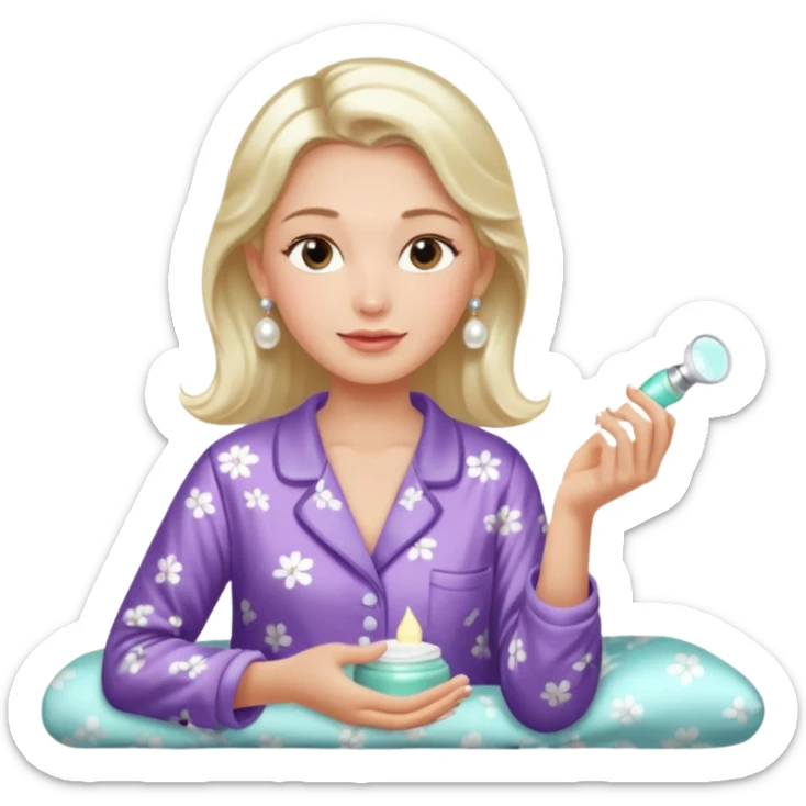 Clean girl aesthetic emoticons, apply skincare products, pearl earrings, glowing skin, pajamas, soft lighting sticker