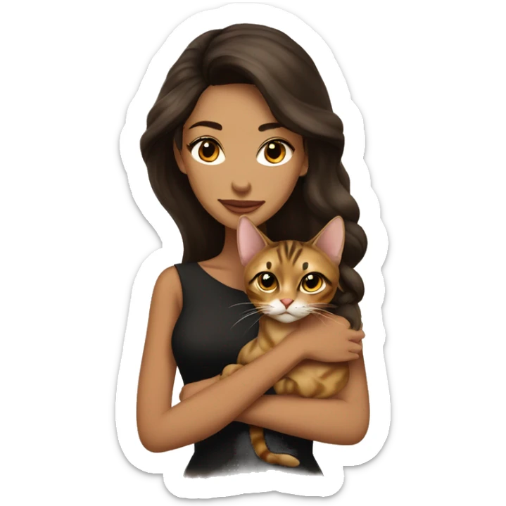 Beautiful skinny woman long dark brown hair in dark dress with gold earrings hug bengal cat sticker