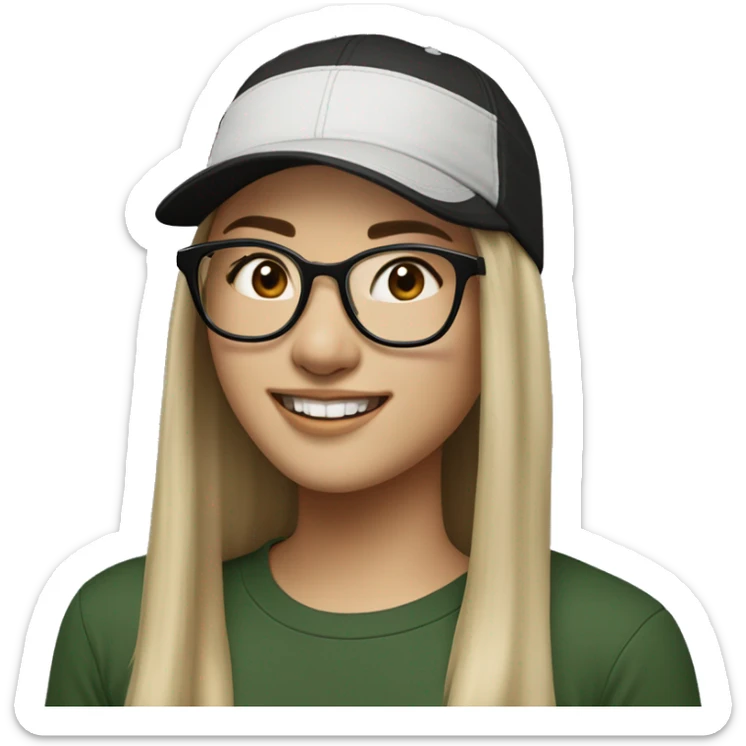 Hyper realistic, look from side, asian adult woman, light white skin, smiling with teeth, black eyes, spotted frame glasses, long light brown straight hair, black T-shirt, dark green cap. sticker