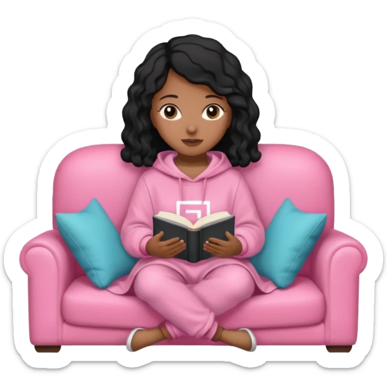 Una chica linda de cabello negro con ondas hasta los hombros de piel blanca con una sudadera rosa en un sofá cómodo y hermoso leyendo la biblia sticker