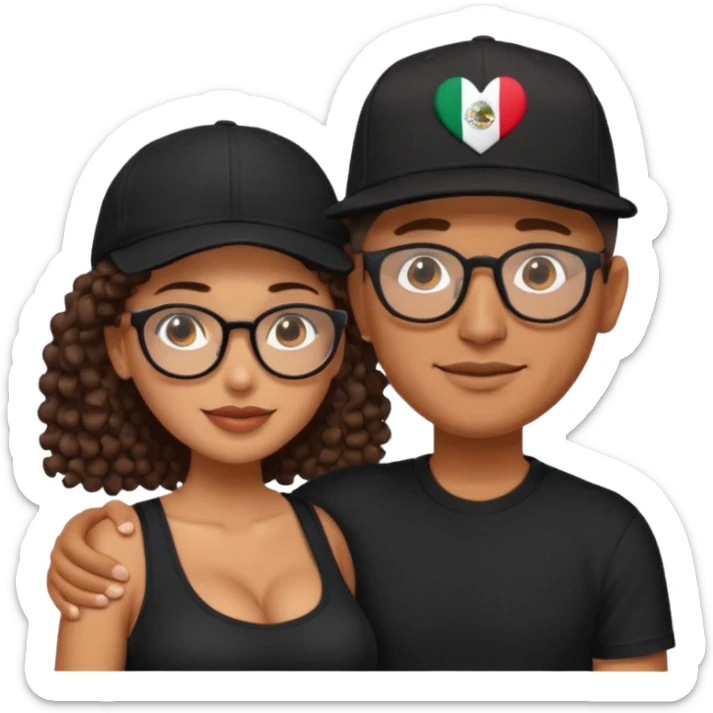 A picture of an embracing tanned couple. the man is a Mexican man with tanned skin, with a bald hair cut wearing a SnapBack hat and a black shirt. the woman is mixed, with long curly dark brown hair and with big boobs and eyeglasses  sticker