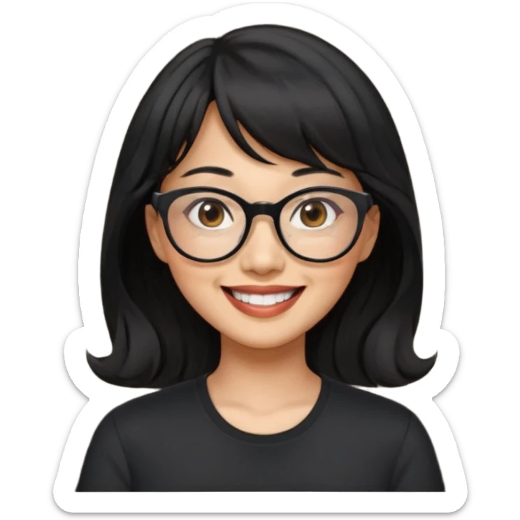40 yr old asian woman wavy black hair bangs big glasses big smile tanned skin brown eyes sticker
