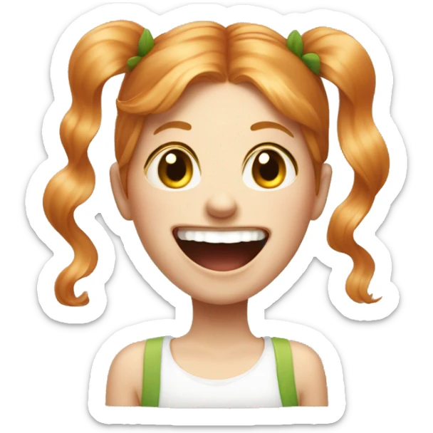 a girl with strawberry blond hair, a head shaped like a tictac, and freckles laughing uncontrolably sticker