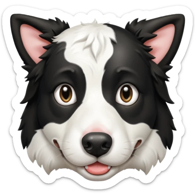A black and white border collie has the hoof of a cow in her mouth. sticker