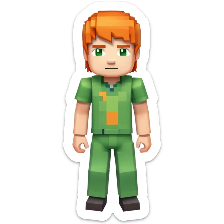 Minecraft Alex character full body with orange hair and green outfit, pixelated blocky style sticker