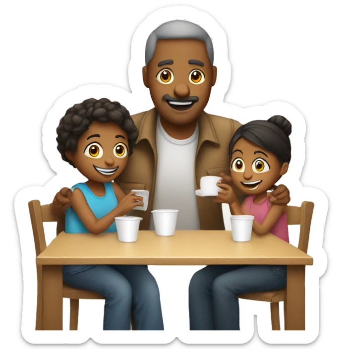 An emoji of a family—mother, father, and child—sitting at a table, playing a cup game with paper cups arranged on the table as they have fun together sticker
