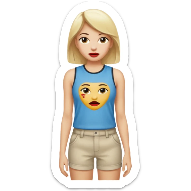 Haz una mujer,rubia,de piel blanca y con short y playera corta sin mangas con cara sexy sticker