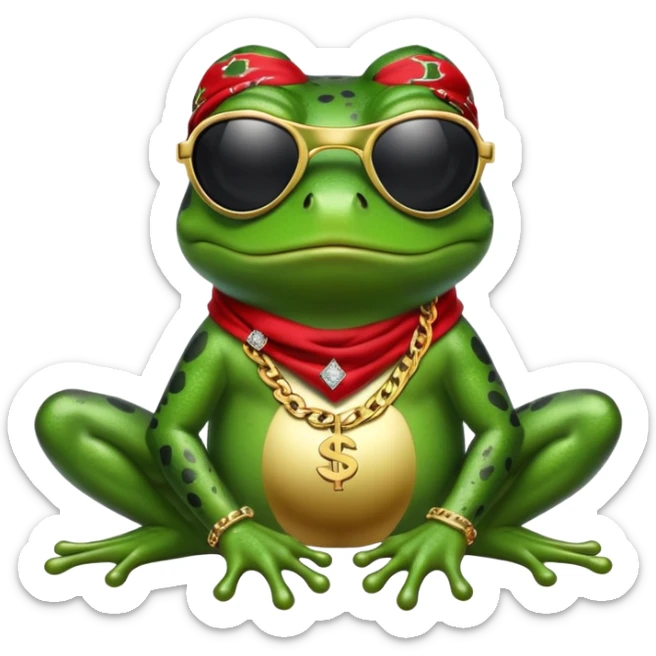 thug life frog wearing black sunglasses, gold chain, bandana, dollar sign bling sticker