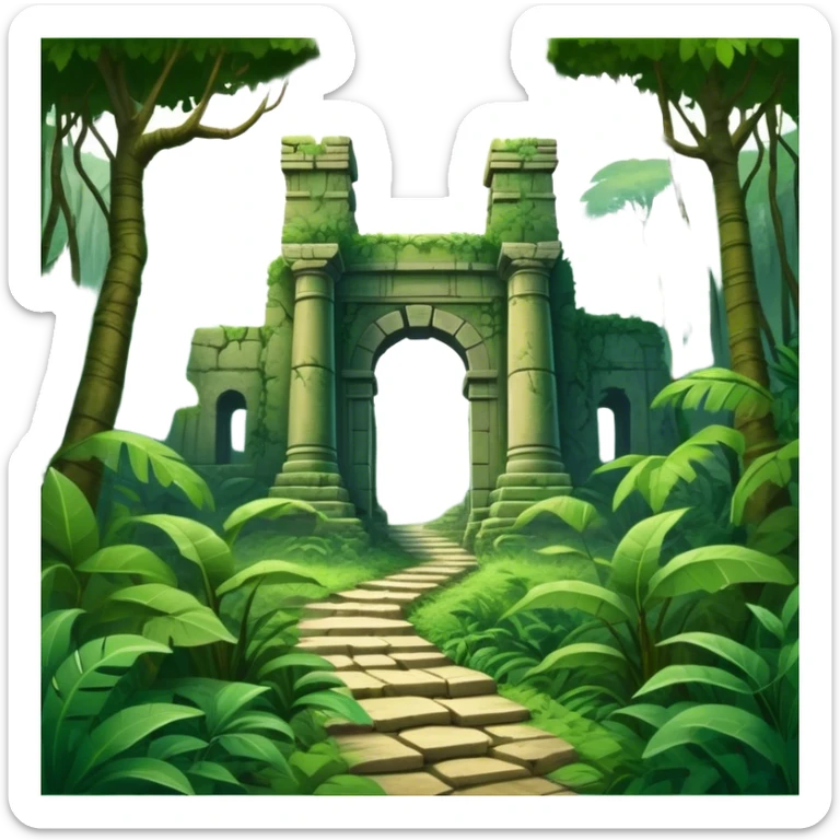 Icon for Adventure Movie: A vintage movie poster-style design with a jungle clearing path, dense foliage surrounding it. In the distance, ancient ruins peek through the trees. The atmosphere is mysterious and adventurous, with soft light cutting through the trees. Transparent background. sticker