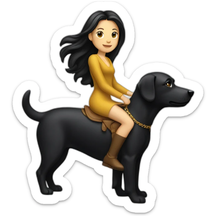 White woman with a black hair ridding a golden dog sticker