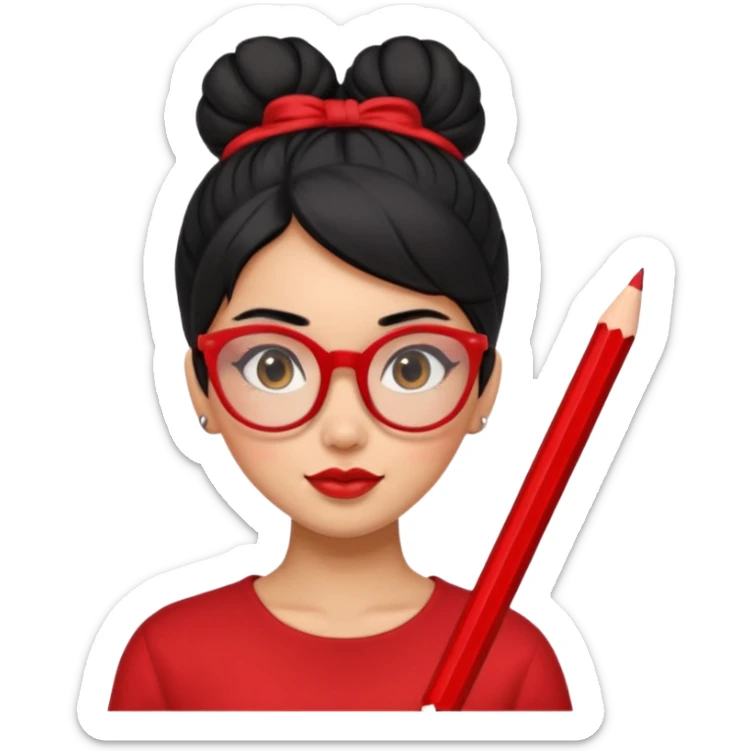 Morena girl with black hair in a pencil that creates a high bun hairstyle. She has red glasses sticker