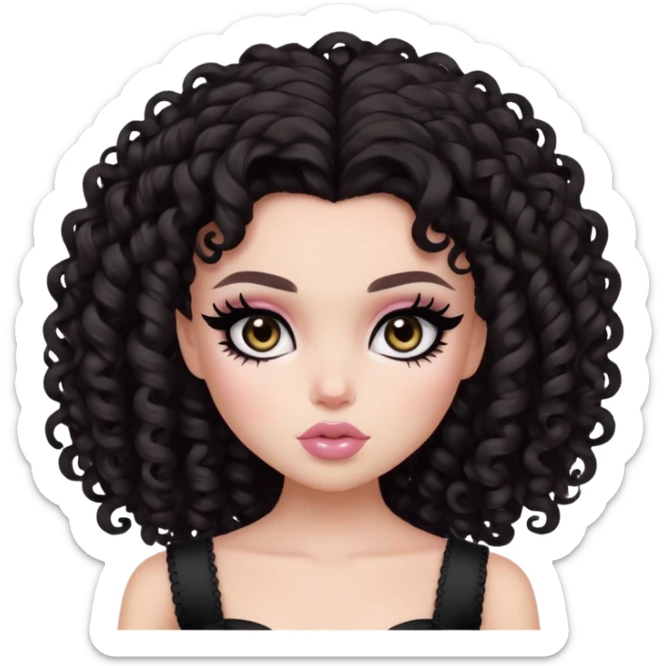 curly dark hair, pale skin, dark black eyes, pretty bratz baddie, black eyeliner, blush sticker