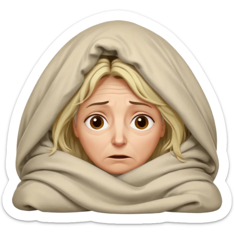 A 55-year-old woman lying in bed at night, unable to sleep. She looks exhausted and desperate, with visible dark circles under her eyes, tired facial expression, slightly messy hair. She is under the blankets, staring at the ceiling.  sticker