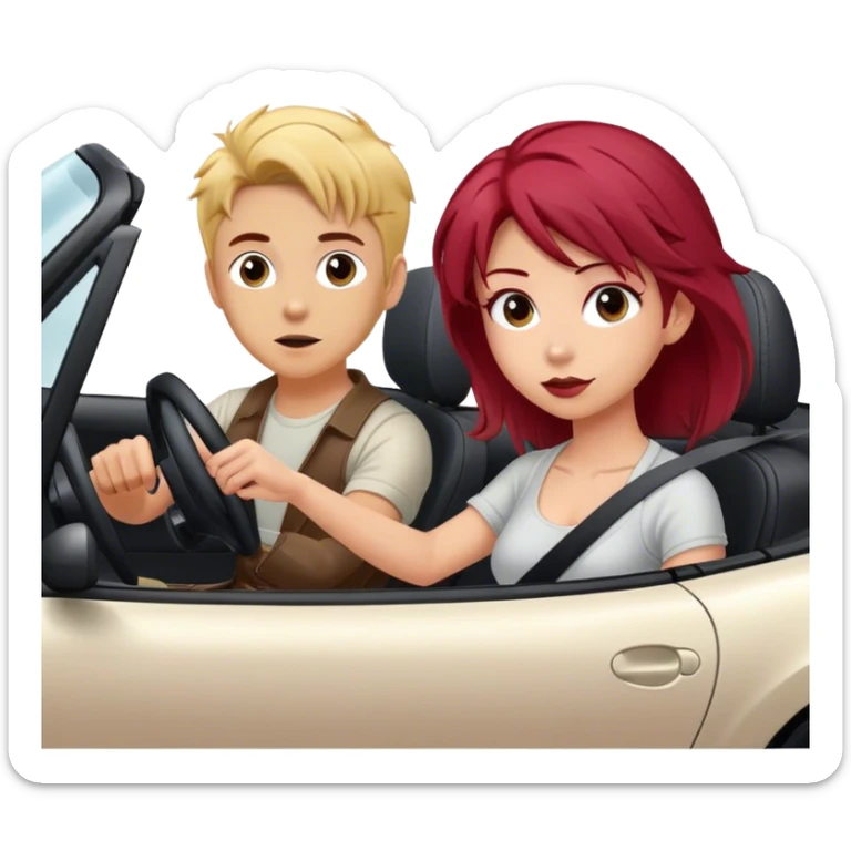 Miata ND with blonde boy driving and a girl with dyed dark red hair in the passenger seat sticker