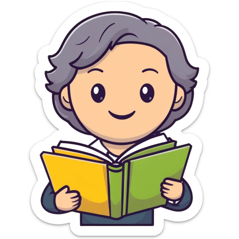 smiling English teacher with airtouch hair and grey-green eyes holding books and teaching materials sticker