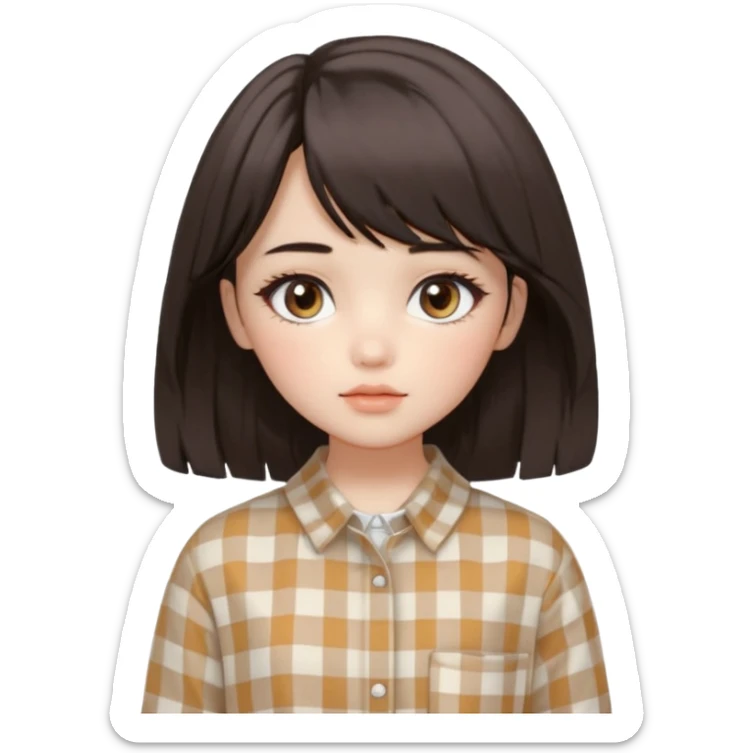 A fair, neutral-toned girl with dark brown layered hair (medium length, curtain bangs) and almond-shaped brown eyes. Doll-like makeup with soft brows, manhwa lashes, and normal lips. Oval face. Wearing an off-white checkered shirt, baggy pants, and minimal silver jewelry. sticker