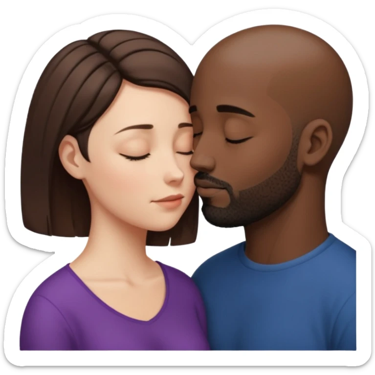 a white woman with short brown hair and a black man with no hair and a beard are facing one each other and their forehead are touching. They close their eyes and their are in love. The space between their nose is a bit larger sticker