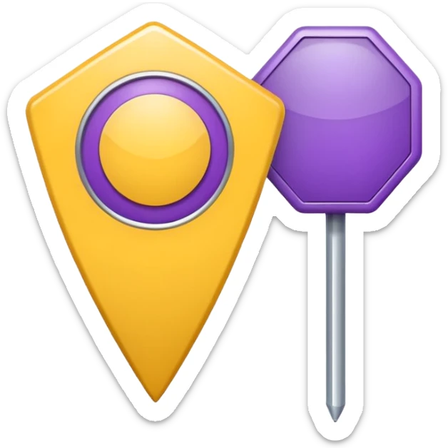 simple, minimalistic yellow (hex#FFD008) and purple (hex#8C52FF) icons of a pin location (round top and sharp bottom) sticker
