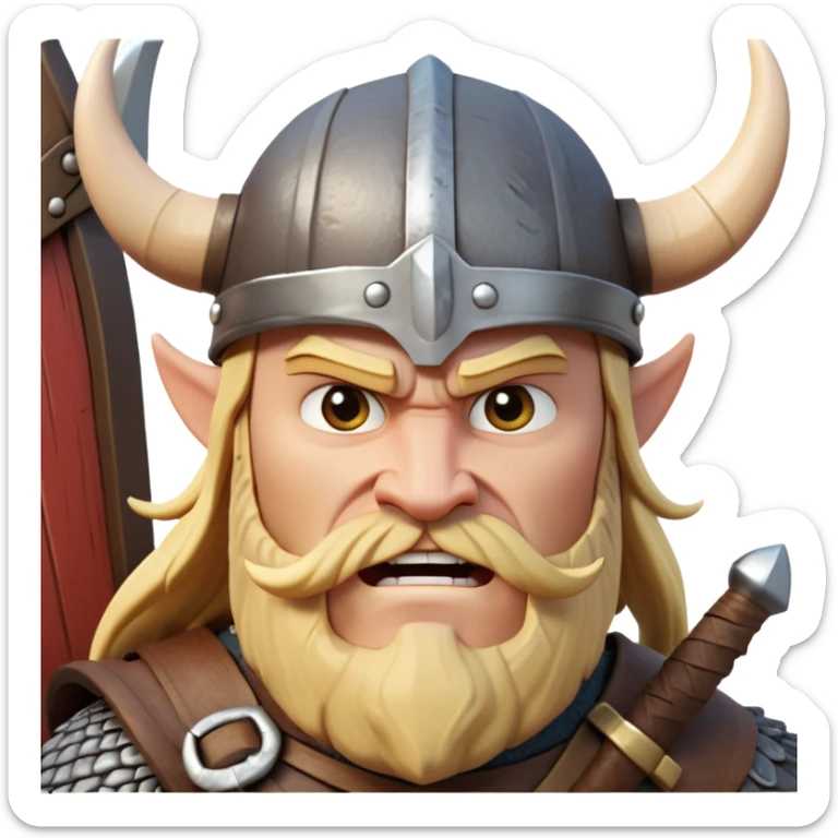 clash-of-clans-aesthetic_-cinematic-comical-viking-portrait-emoji, head tilted dramatically with an exaggerated, fierce expression and wide, comically expressive eyes, featuring a rugged yet cartoonish build with a quirky Viking helmet, standing boldly at the prow of a dragon-headed longship, its intricate dragon details carving through icy waters with epic determination. sticker