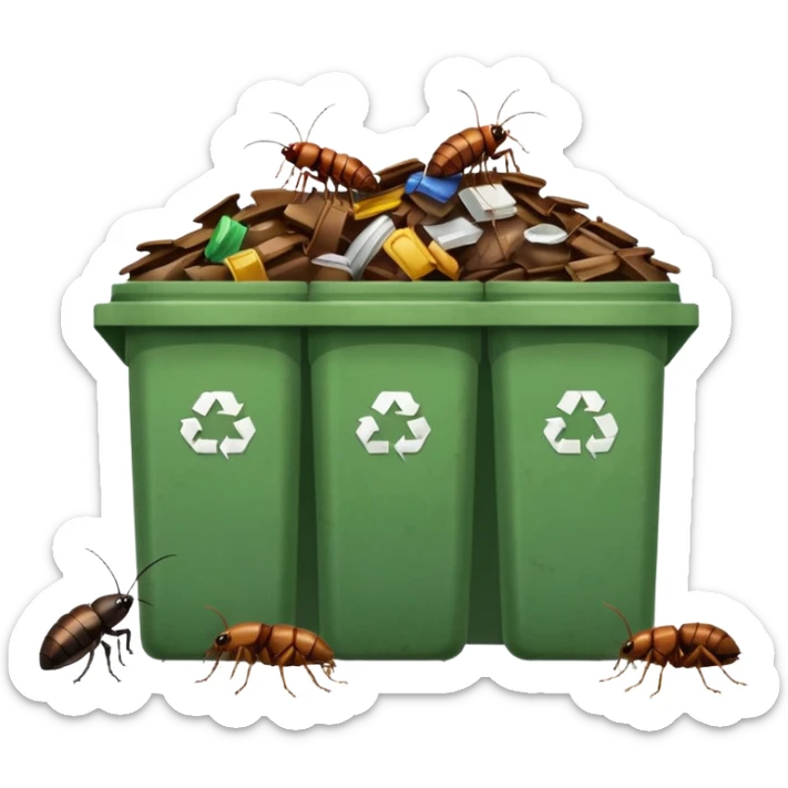 emoji-style icon of a small diner or café with overflowing garbage bins and cockroaches outside, dirty and gross, clear at small size, no text sticker