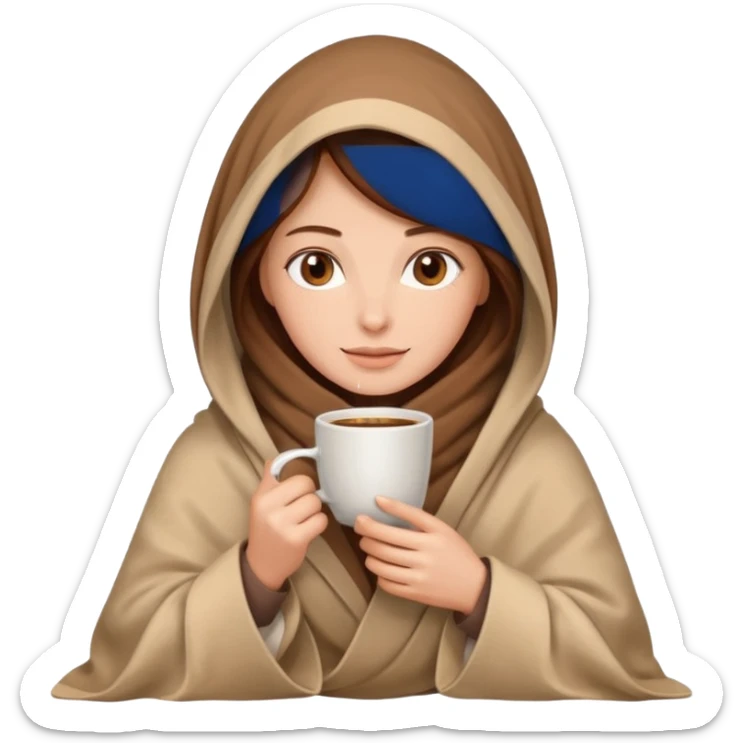 brown hair woman sitting under beige blanket, with a blanket over his head, holding cup of coffe sticker
