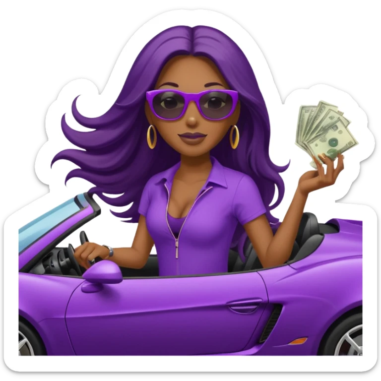 Black woman with long hair riding in a purple sports car with money falling sticker