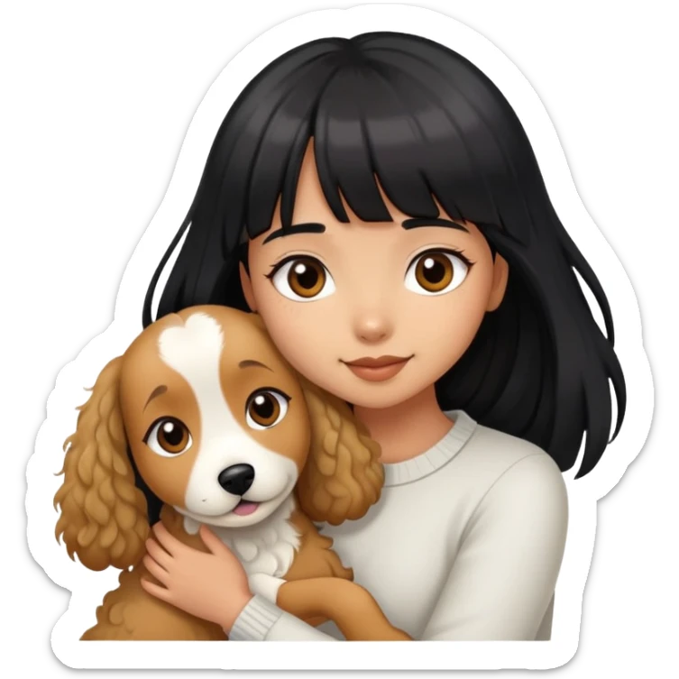 A beautiful girl with long straight black hair and bangs hugs a light-colored curly dog sticker