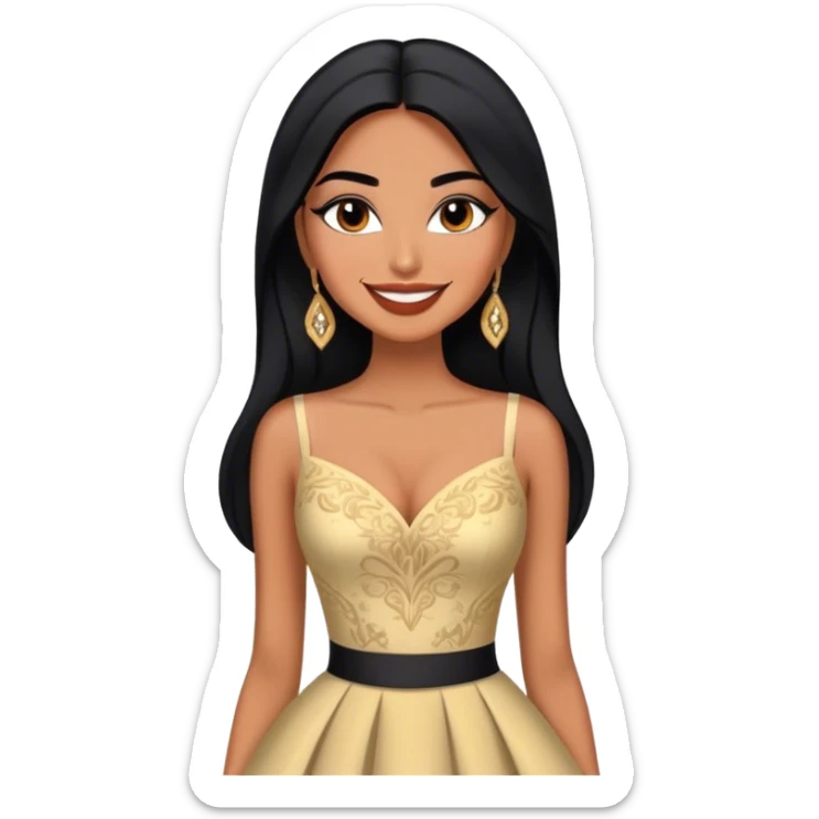 beautiful fit tall woman, with long straight black hair, with make up, black eye liner, smile mooth close, mexican, brown skin, wearing beautiful couture outfit, flirting sticker
