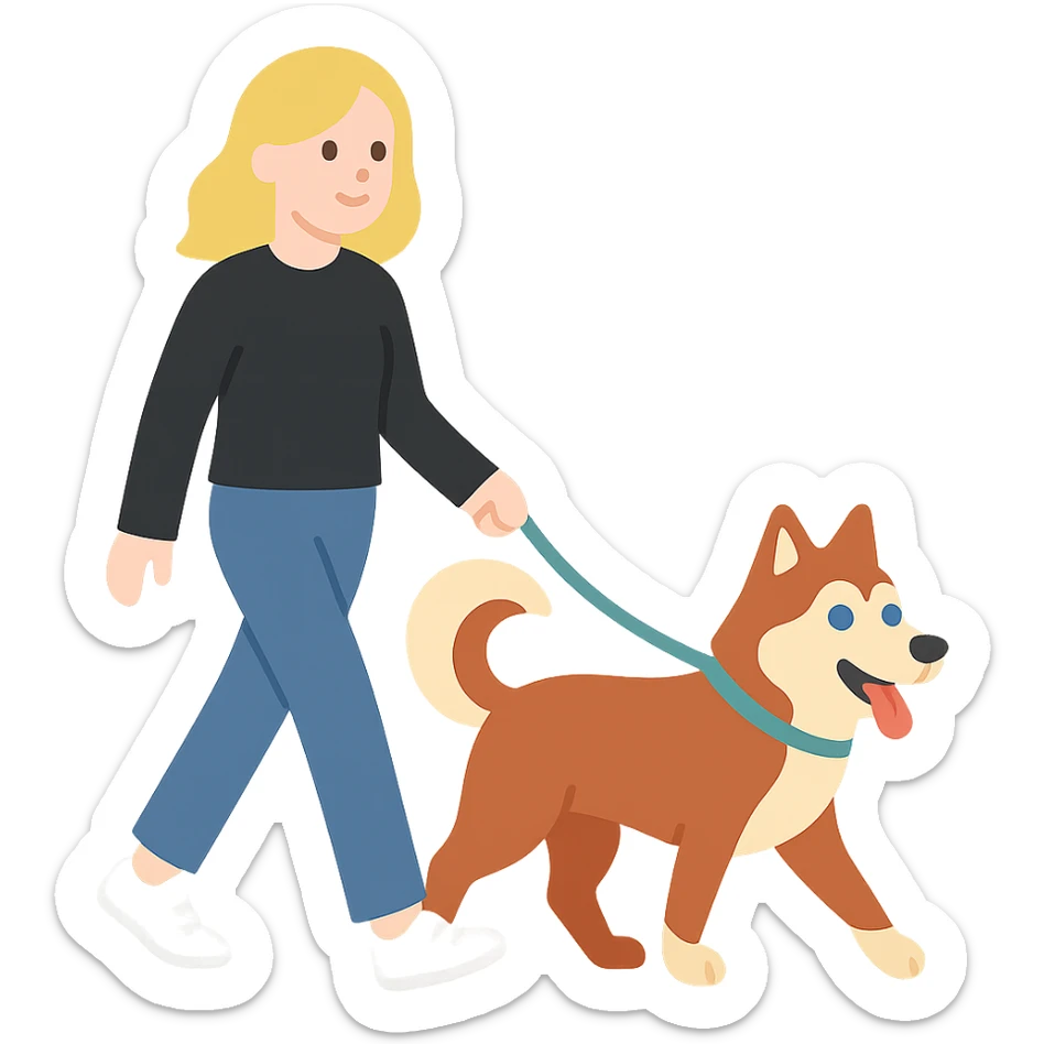 Cute Blonde woman wearing a black sweater and jeans and white sneakers walking a happy red-brown blue-eyed Siberian husky in New York City on an upper east side city sidewalk  sticker