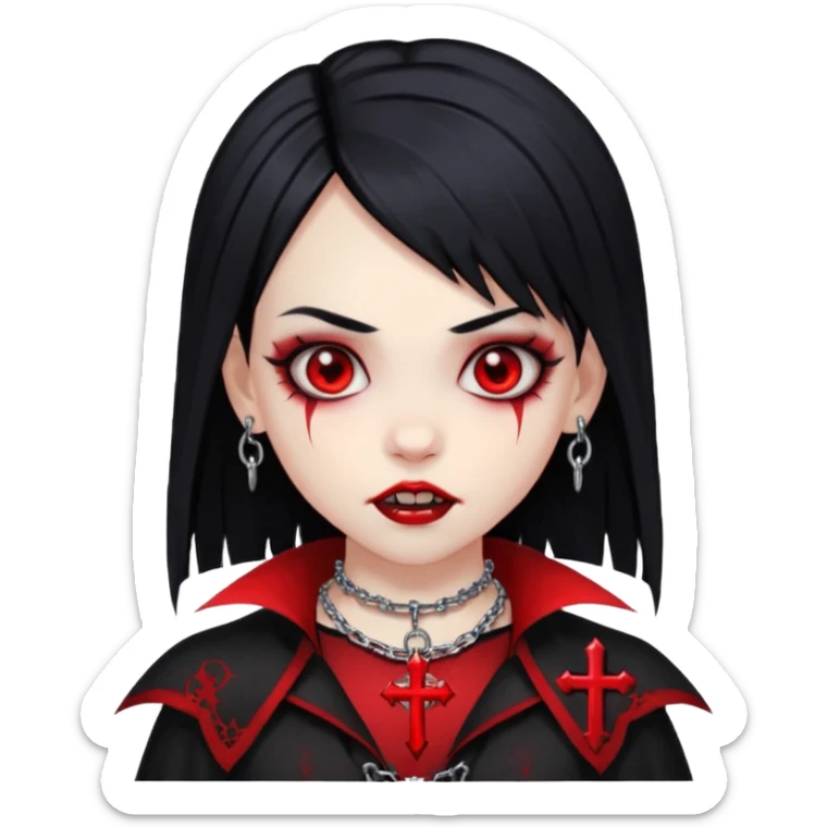 a girl with a very light skin,red eyes,fangs like vampire,black hair with red mesh,with goth clothes and a chain with a cross on it sticker