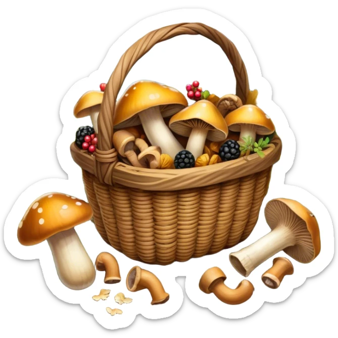 Icon for Mushroom and Berry Tourism: a basket filled with mushrooms chanterelles, boletus and aspen and berries, surrounded by forest elements like trees, leaves and a hiking boots. The icon should capture the joy of foraging in nature. Transparent background. sticker