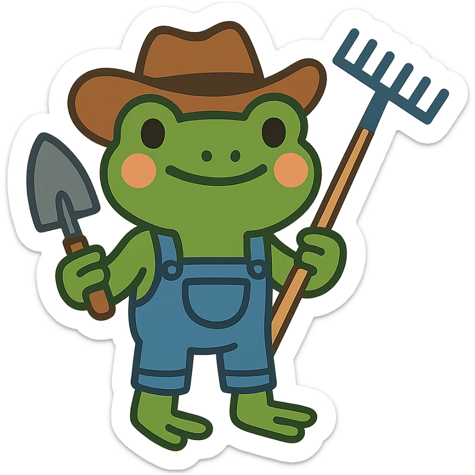 flat toon style frog in cowboy hat and denim overalls, holding gardening tools sticker