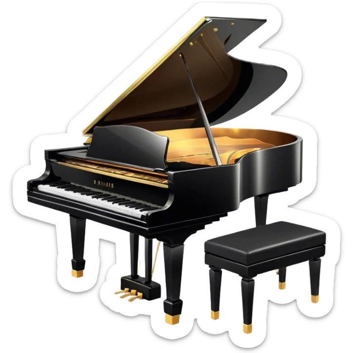 Cinematic Realistic Piano, glossy black grand piano with elegantly curved edges, pristine white and black keys, soft golden light reflecting off its polished surface, faint reflections of a musician’s hands, glowing with refined elegance and musical depth. sticker
