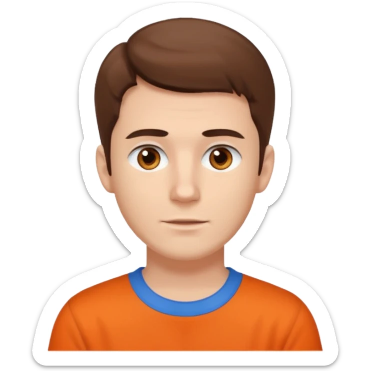 male, white skin, brown hair, brown eyes, orange shirt and blue collarbone sticker