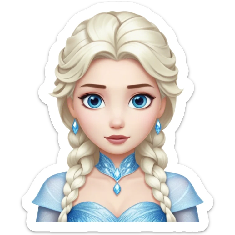 Cinematic Realistic Elsa Portrait, depicted with lifelike skin texture, soft natural lighting, and intricately detailed platinum blonde hair styled elegantly. Her striking, expressive blue eyes exude confidence and grace, complemented by a serene and regal expression. She is dressed in her signature icy attire, with shimmering fabric textures and delicate folds that catch the light beautifully. The portrait features a soft, enchanting glow with a cool, radiant finish, capturing the essence of timeless elegance in a realistic and painterly style, evoking a sense of depth and authenticity. sticker