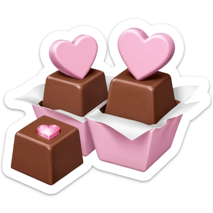 Two square milk chocolate Each of the two chocolates will have its own pralines only, Each praline is a sharp-edged cube with smooth glossy chocolate coating, placed in a small white fluted paper candy cup. On top of each cube is a flat pastel pink heart-shapedwith fine sugar crystal sparkle. sticker
